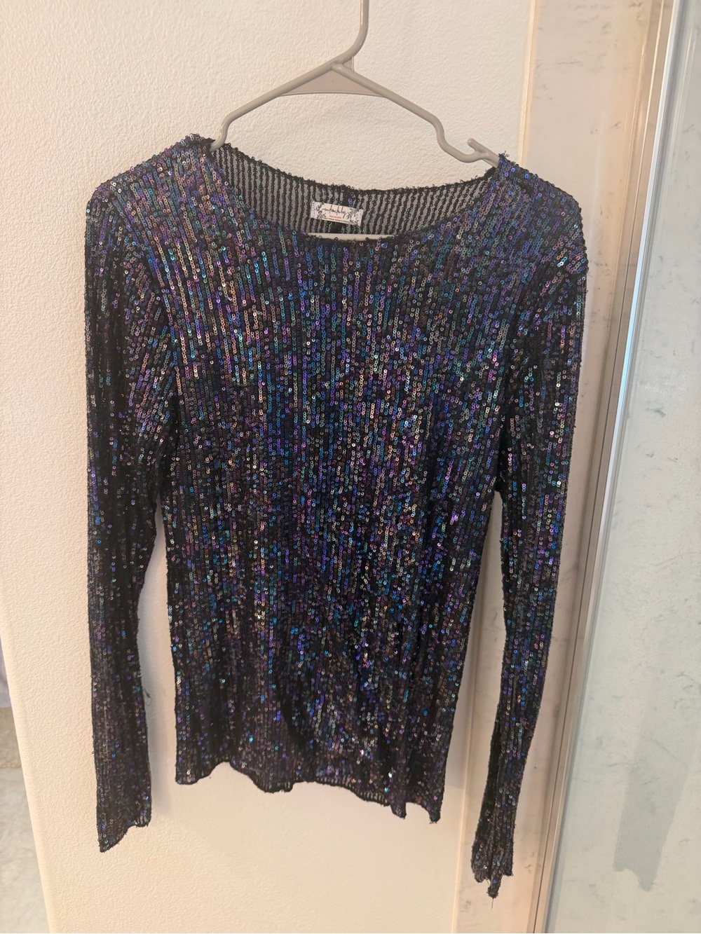 Free People Black Iridescent Sequin Long-Sleeve Top